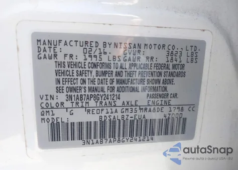 2016 Nissan Sentra Fe+ S/S/Sl/Sr/Sv z USA, uszkodzony, nr VIN 3N1AB7AP8GY241214